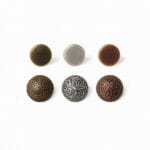 R598-15mm-3 colors-Avetco R598 decorative dome rivets in Antique Brass, Black Tin, and Antique Copper finishes – 15mm dome head with swirl engraving.