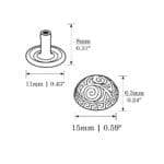 R598-15mm-Illustrated Diagram-Avetco R598 decorative dome rivet technical diagram showing 15mm dome diameter, 11mm cap size, and 8mm post length with measurement labels.
