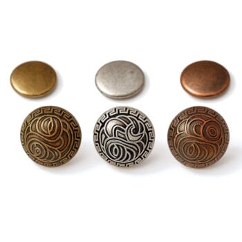 R598 dome rivets in Antique Brass, Silver, and Copper