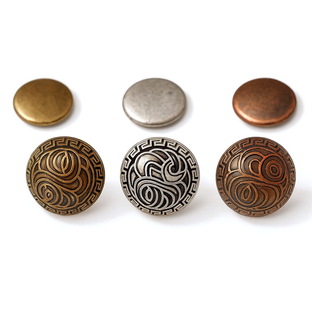 R598 dome rivets in Antique Brass, Silver, and Copper