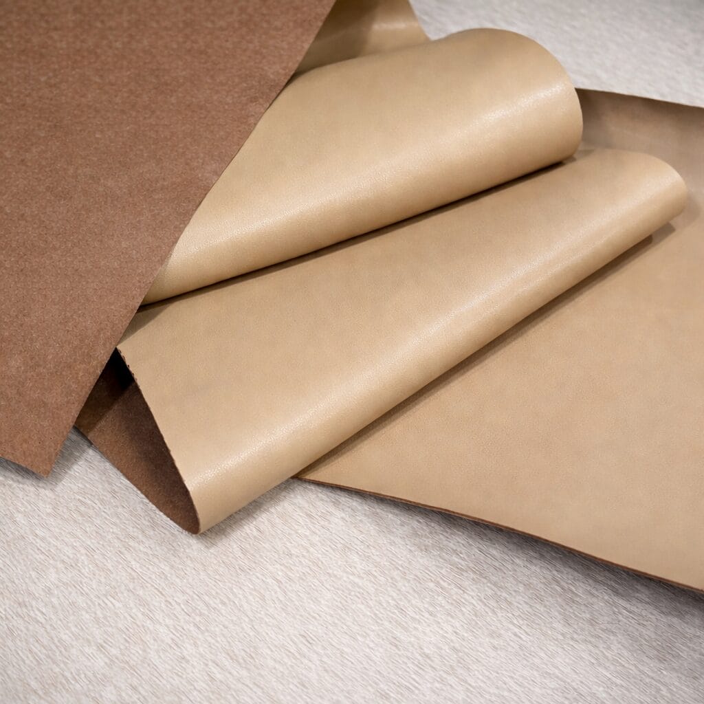 SH-523 Beige-Avetco Beige smooth PU synthetic leather 5 yard roll with woven backing, 0.6mm thickness