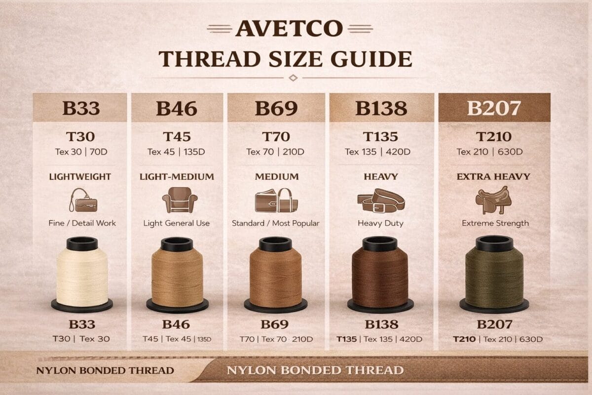 thread size guide Avetco thread size guide showing five nylon bonded thread types (B33, B46, B69, B138, B207) from lightweight to extra heavy with corresponding Tex sizes and typical uses.