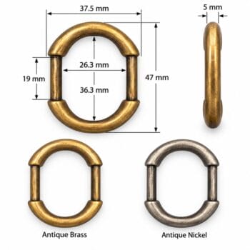 26 mm oval ring size chart – YAD5016, 36.3 x 26.3 mm inside, 47 x 37.5 mm outside, 5 mm thick, for 19 mm (3/4") straps