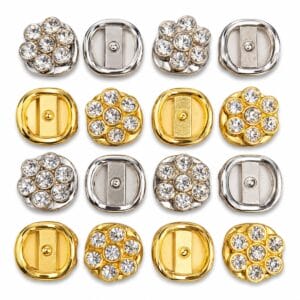 AK298 rhinestone flower slides in Gold and Nickel, fronts and backs