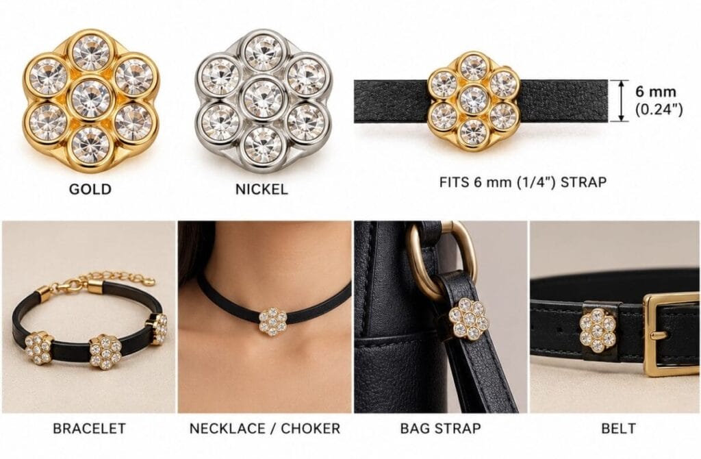 AK298 rhinestone flower slide in Gold and Nickel, fits a 6 mm strap, shown on a bracelet, choker, bag strap and belt