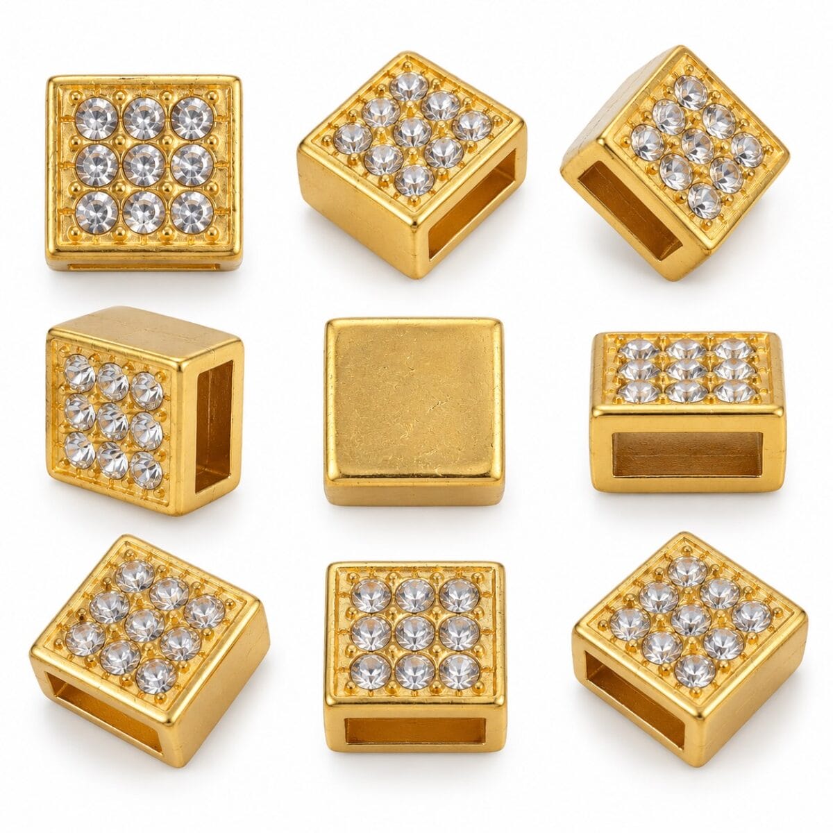 AK299 square rhinestone slide in Gold AK299 square rhinestone slide in Gold, nine Czech stones, shown from front, back and side