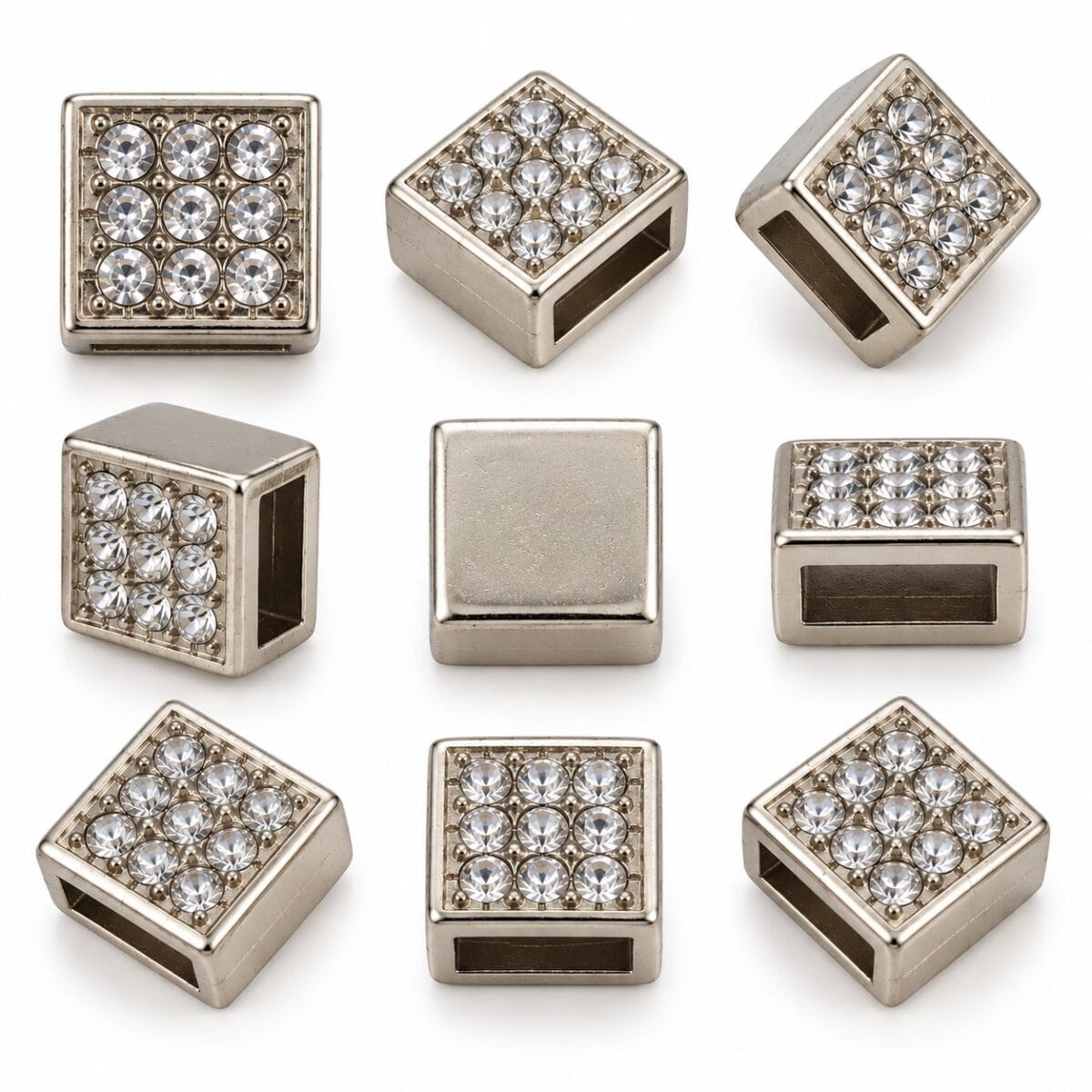 AK299 square rhinestone slide in Nickel AK299 square rhinestone slide in Nickel, nine Czech stones, shown from front, back and side