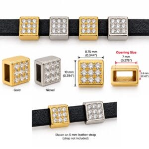 AK299 square rhinestone slide size chart AK299 square rhinestone slide size chart: 8.75 x 10 mm, 7 x 3.6 mm opening, shown on 6 mm leather strap
