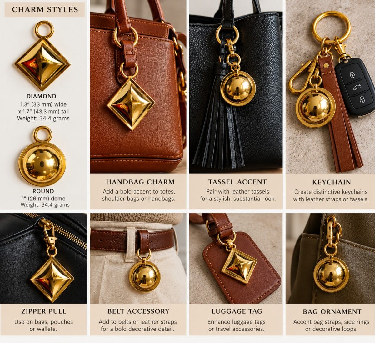 Alloy Stopper Charm Uses Diamond and round alloy stoppers used as handbag charms, zipper pulls, keychains and tassel accents