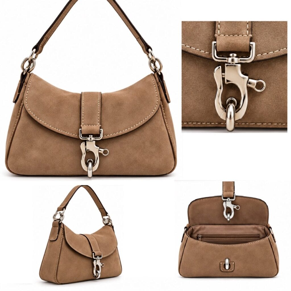 Strap Keeper and Lobster Claw Flap Closure Example Handbag with an arch bridge strap keeper used as a flap closure, with a lobster claw snap hook clipped through it