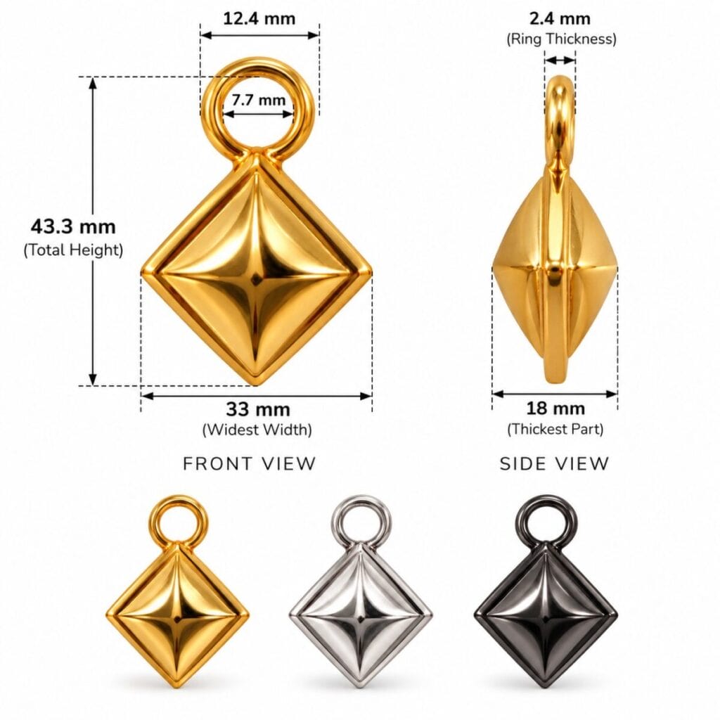AS43 Diamond Alloy Stopper Dimensions illustration AS43 diamond alloy stopper dimensions, 43.3 mm tall and 33 mm wide, in gold, nickel and gunmetal