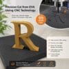cnc eva Promotional banner for CNC-cut EVA foam, showing the heading and an orange CNC icon with a large wooden R on a textured mat.