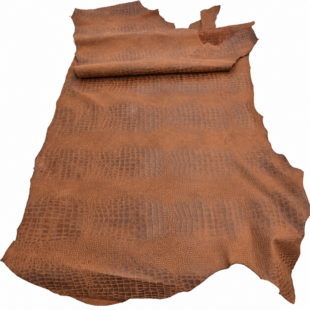 cognac escape alligo cow leather crocco belly embossed side hide Brown crocodile-patterned leather hide with uneven, torn edges and a rolled corner edge near the top left.
