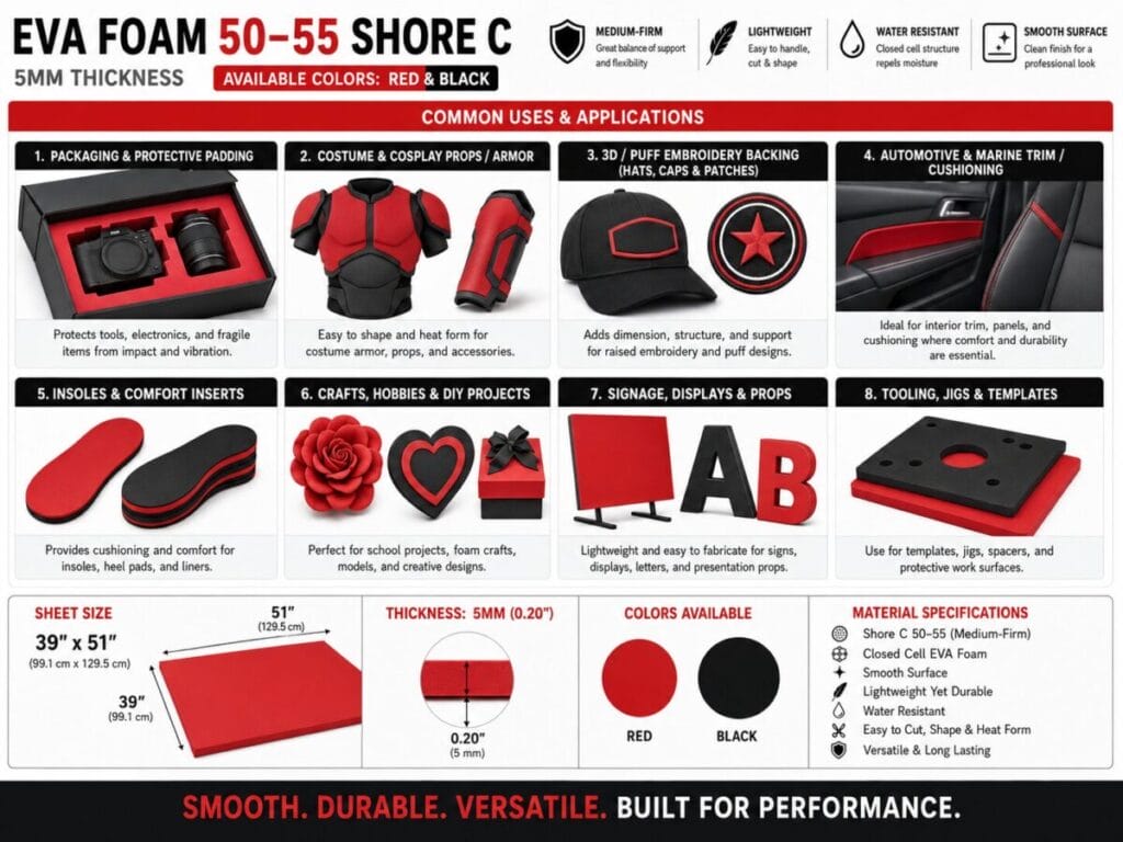 High Density Eva Foam EVA foam 50–55 Shore C, 5mm thick in red/black, showing eight common uses (packaging, cosplay armor, hats, auto trim, insoles, crafts, signage, templates).