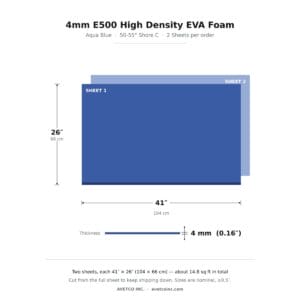 evafoammmxtwosheetssizechart 0.16″ | 4mm E500 High Density Eva Foam Hardness 50-55° Shore C | 2 Sheets 41″ x 26″