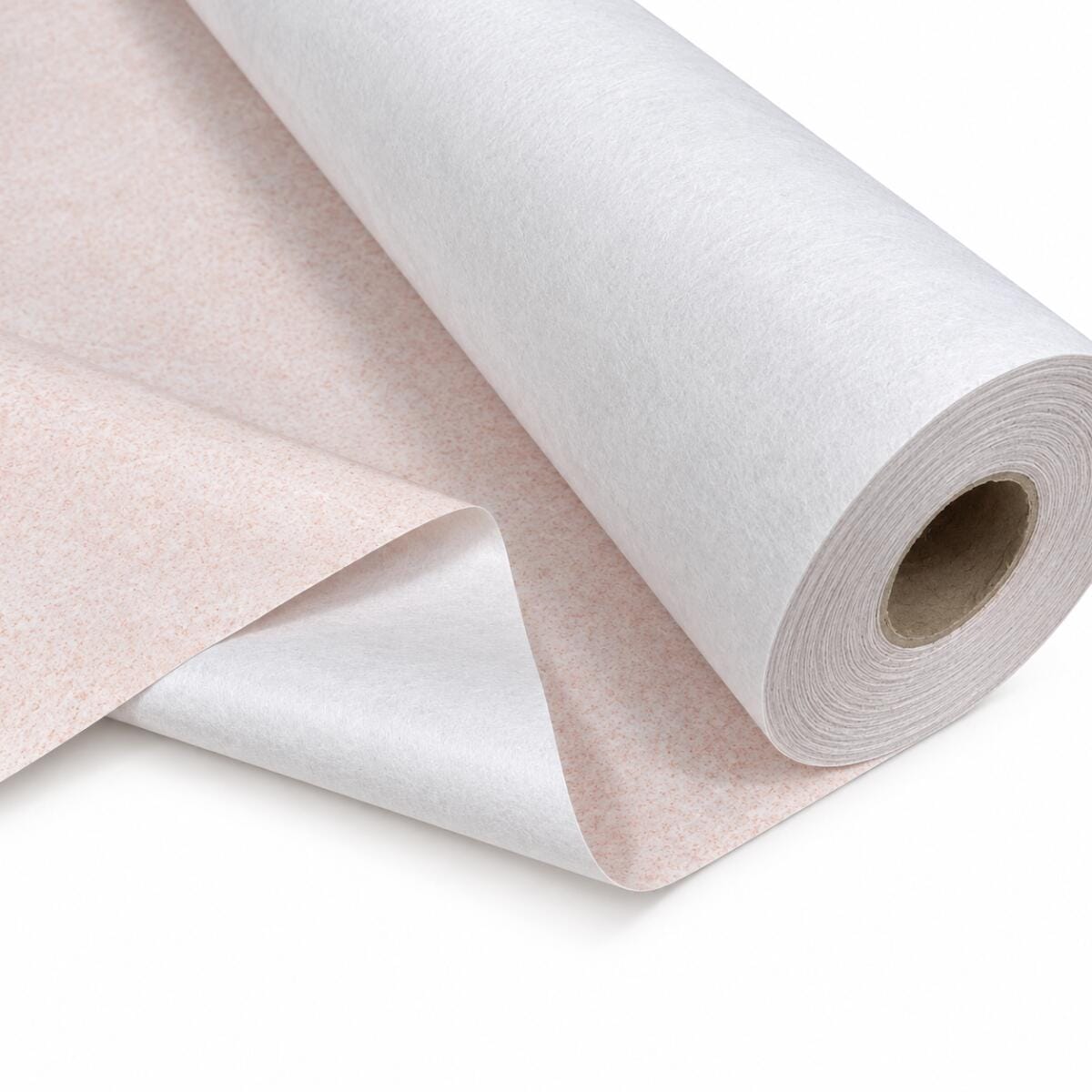 Roll of wallpaper with a pink-speckled side and white back, showing a cardboard core on a white background, close-up detail.