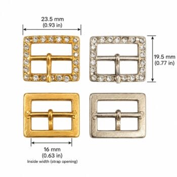 HE19 rhinestone center bar buckle size chart – 16 mm (5/8") strap, gold and nickel