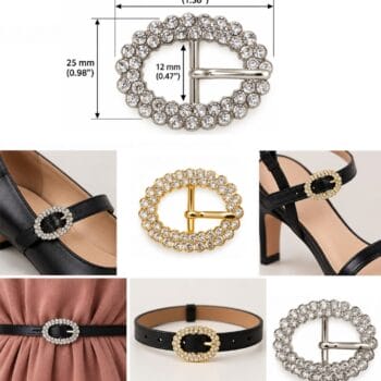 HE20 oval rhinestone buckle size chart – 35 x 25 mm, 12 mm strap – on shoes, sandals, belts and chokers