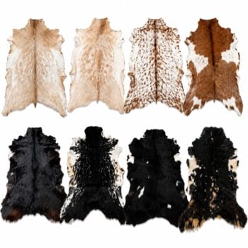 Eight cowhide rugs laid flat in two rows, ranging from light cream to dark black with solid and spotted patterns.
