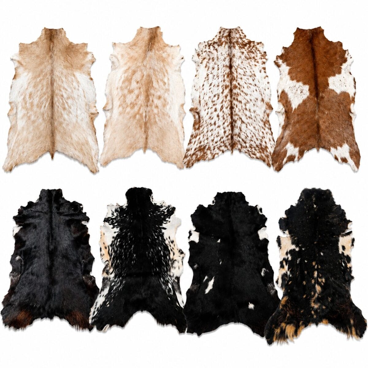 light dark tone goat hair on Eight cowhide rugs laid flat in two rows, ranging from light cream to dark black with solid and spotted patterns.