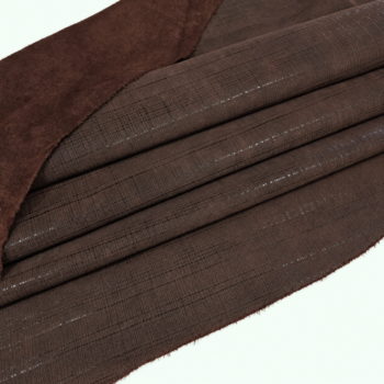 Brown linen embossed cow leather showing grain and suede back