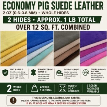 Product ad for economy pig suede leather: two hides totaling about 1 lb the total area over 12 sq ft, with color swatches and notes on softness, grade, natural variation, and multiple color options.