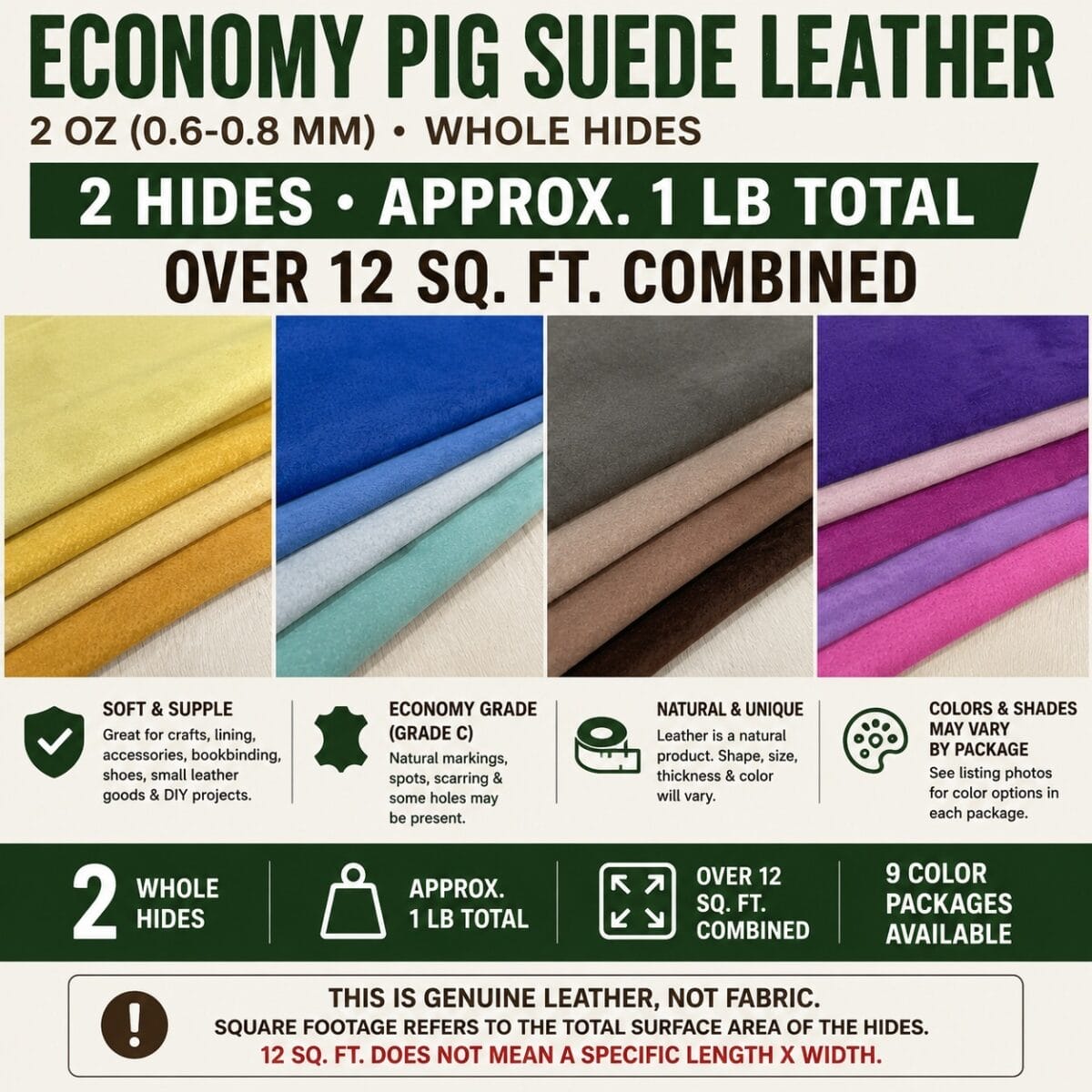 _main image Product ad for economy pig suede leather: two hides totaling about 1 lb the total area over 12 sq ft, with color swatches and notes on softness, grade, natural variation, and multiple color options.