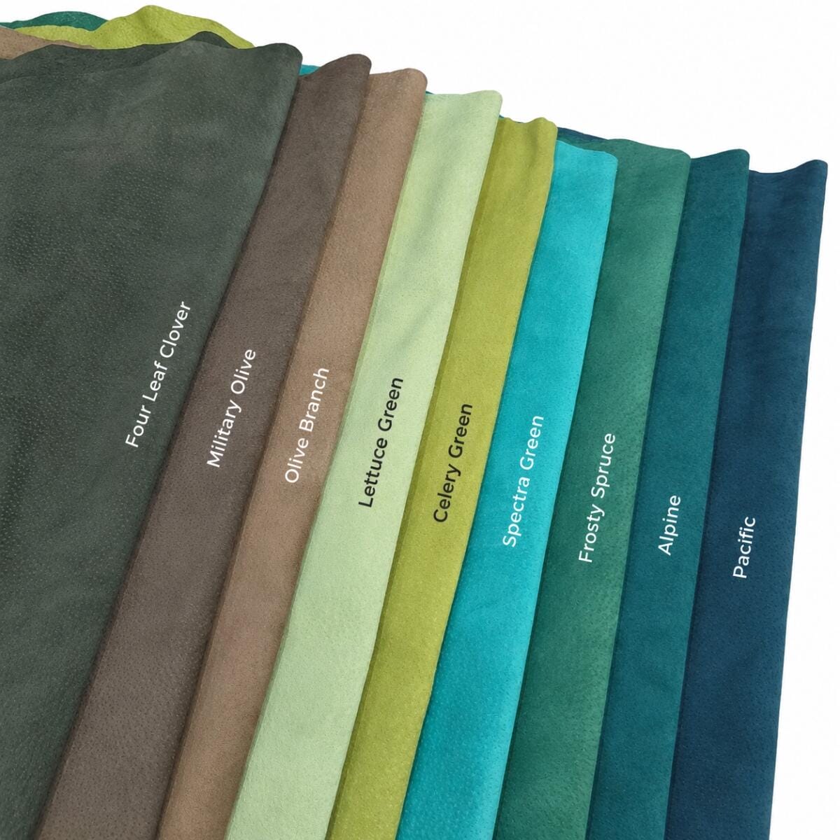 _main image din greens Fabric color swatches in greens and teals, labeled from Four Leaf Clover to Pacific as a color palette.