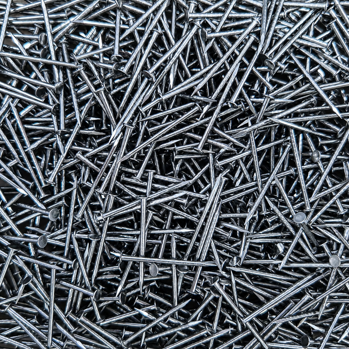 mla mm wood heel nail Close-up of a chaotic pile of shiny steel nails overlapping each other.