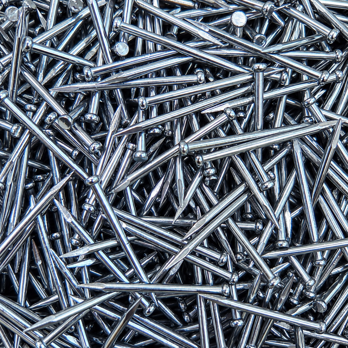 mla x punta linguatesca gruppino Pile of shiny silver nails densely packed, zinc-coated and pointed with rounded heads.