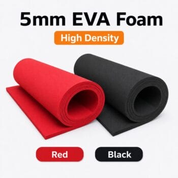 Two rolls of 5mm high-density EVA foam, red and black, on a white background with color labels Red and Black.