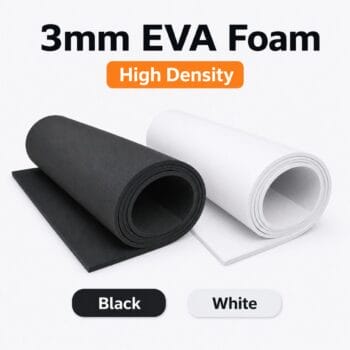Two rolls of 3mm high-density EVA foam in black and white with labels 'Black' and 'White' below, shown on white background (craft material).