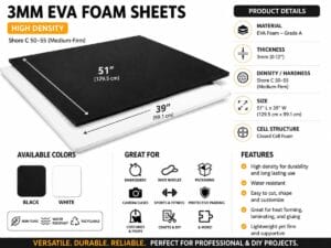 Infographic for 3mm EVA foam sheets showing dimensions 51" x 39" and 3mm thickness, available in black or white.