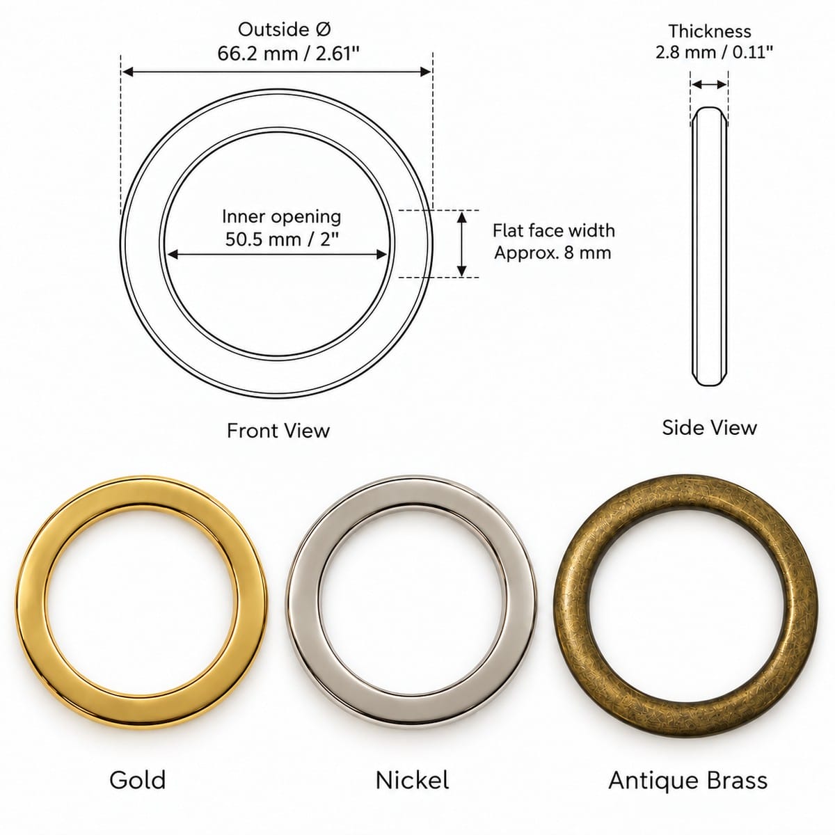 50.5 mm flat O ring size chart 2 inch flat o ring size chart – Y7463 50.5 mm, 66.2 mm outside, 8 mm flat face, 2.8 mm thick, gold, nickel and antique brass