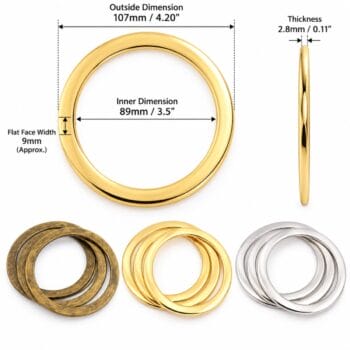 3.5 inch flat o ring size chart – Y7463 89 mm inside, 107 mm outside, 9 mm flat face, 2.8 mm thick, gold, nickel and antique brass