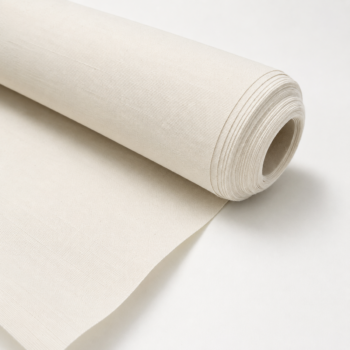 Rolled beige fabric bolt with a portion unrolled on a white surface, showing a tight weave.
