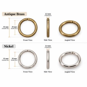 32 mm O ring size chart – Y7462 non-welded antique brass and nickel, inside and outside diameter