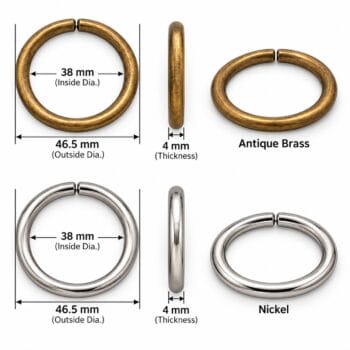 Diagram of a circular ring with 38 mm inside diameter and 46.5 mm outside diameter; 4 mm thick, shown in antique brass (top) and nickel (bottom) finishes.