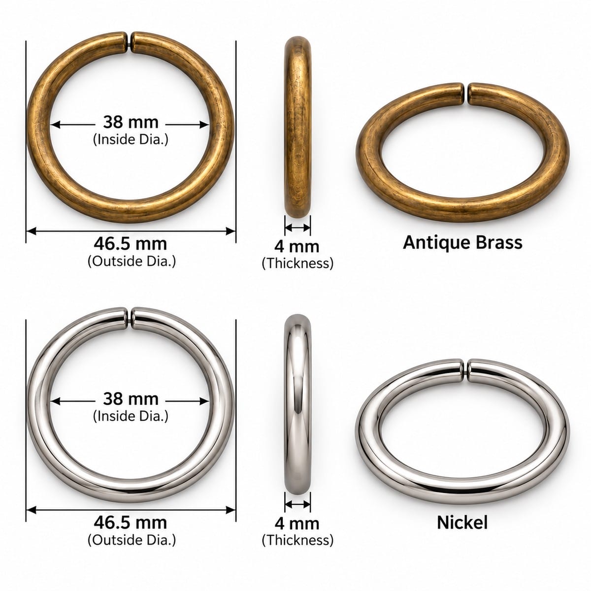 38 mm O ring size chart Diagram of a circular ring with 38 mm inside diameter and 46.5 mm outside diameter; 4 mm thick, shown in antique brass (top) and nickel (bottom) finishes.