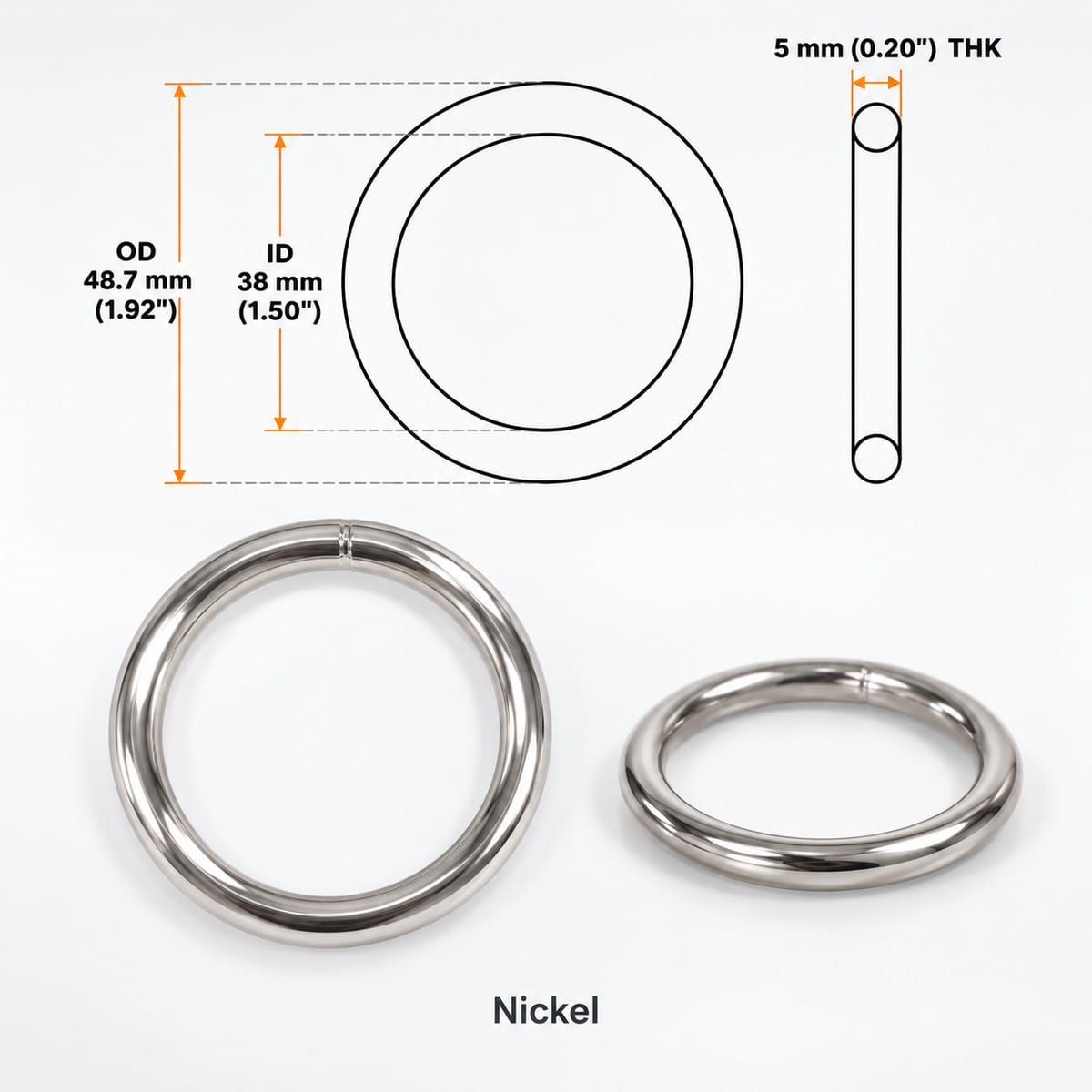 38 mm welded O ring size chart 38 mm welded o ring size chart – Y7462 heavy duty nickel, 38 mm inside, 48.7 mm outside, 5 mm wire