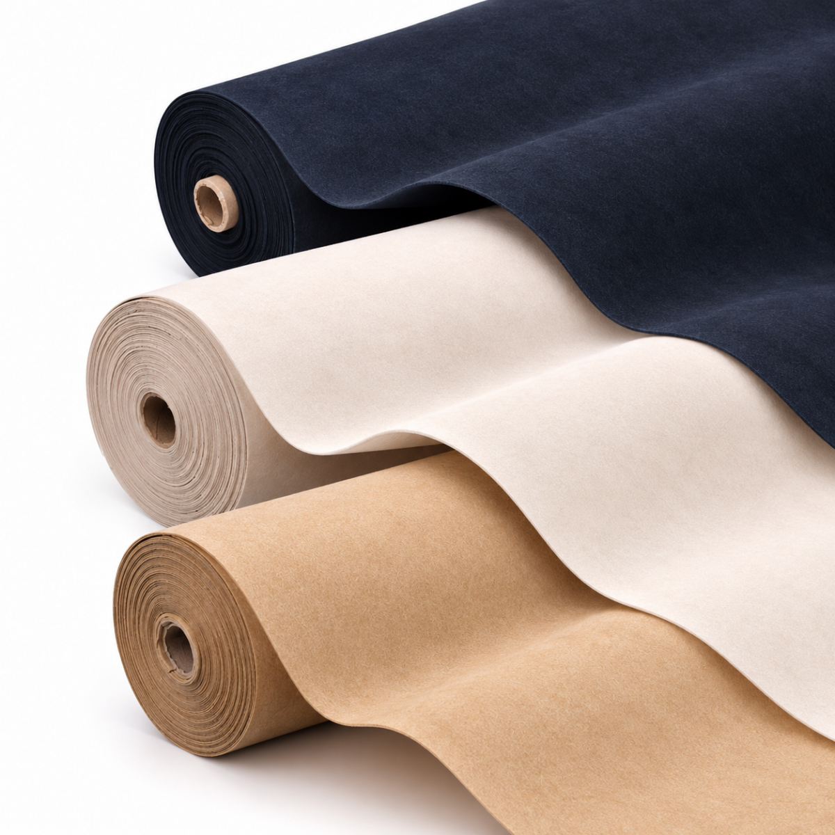 Rolled sheets of suede leather fabric in navy, beige, cream, and tan arranged in a stack