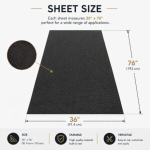 pyramid black large sheet size pyramid black EVA Infographic showing a 36" x 76" black sheet with a textured surface and dimensions noted (91.4 cm x 193 cm).