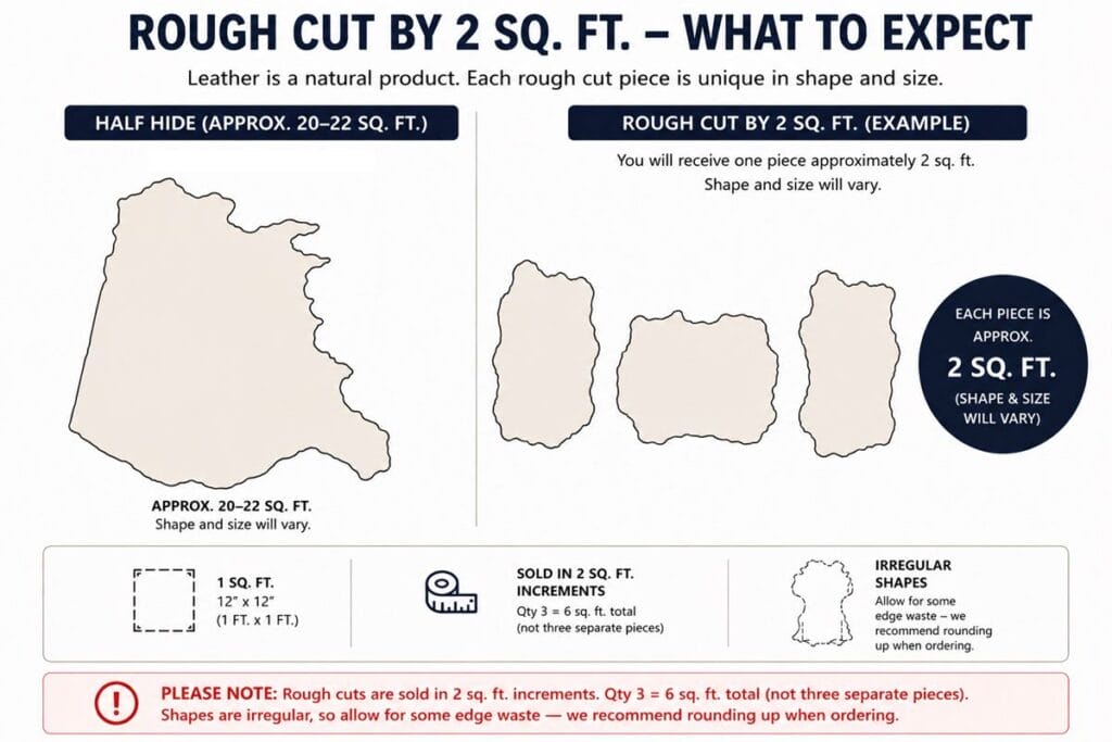 Infographic about leather rough cuts: left shows a large irregular hide ~20–22 sq ft; right shows three smaller pieces ~2 sq ft each; bottom legend explains 1 sq ft box, 2 sq ft increments, and irregular shapes.