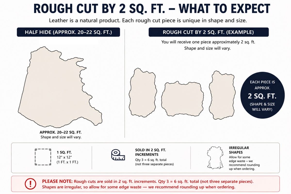 roughcutguidejpg Infographic about leather rough cuts: left shows a large irregular hide ~20–22 sq ft; right shows three smaller pieces ~2 sq ft each; bottom legend explains 1 sq ft box, 2 sq ft increments, and irregular shapes.