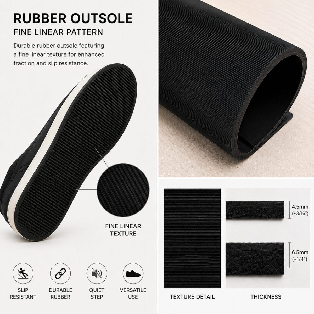 rubber outsole 4.5-6.5mm Close-up of a black rubber outsole with fine linear texture, highlighting traction and durability for shoes.