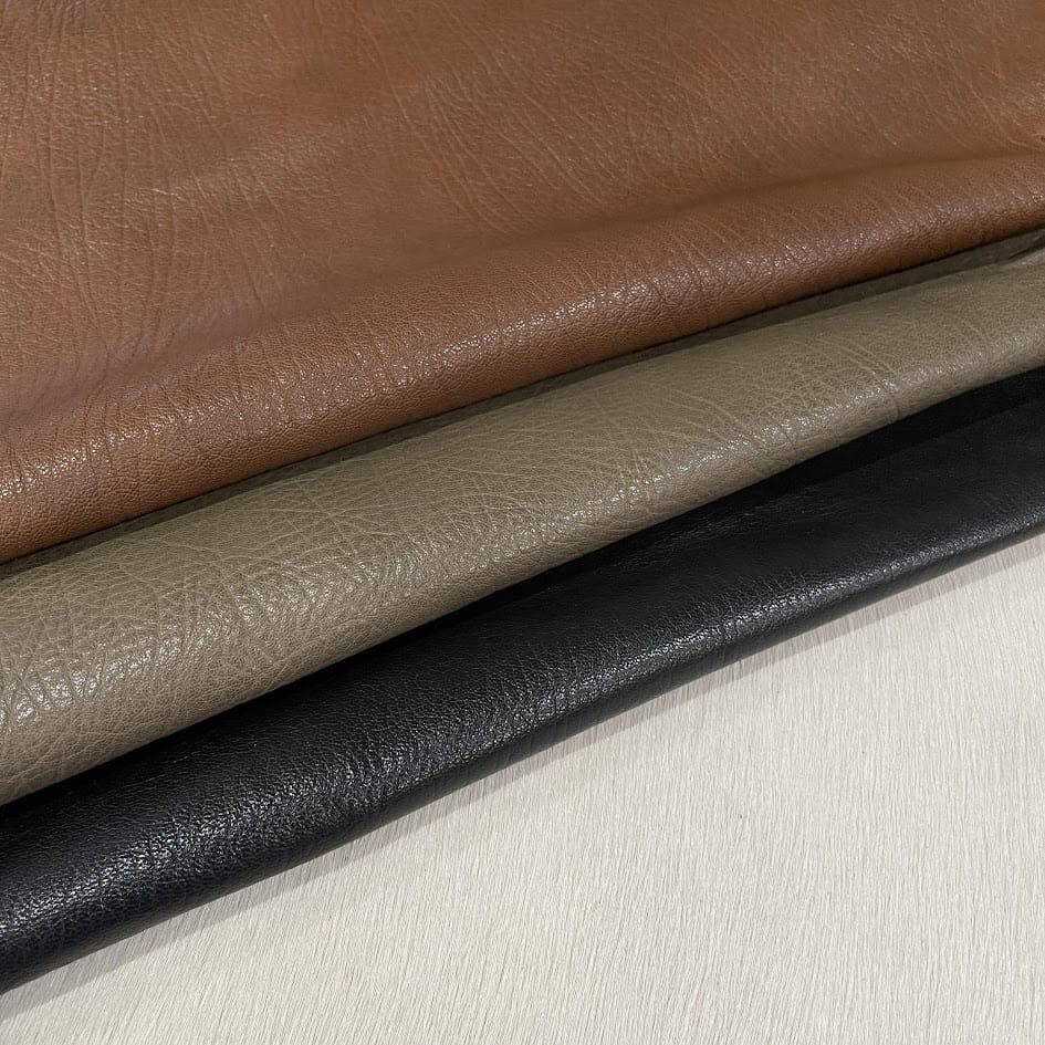 Semi Veg Shrunken Goatskin Leather in Chocolate, Gothic Olive and Black