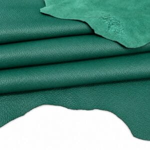 Kelly Green pebble lambskin leather hides layered, showing the pebble grain
