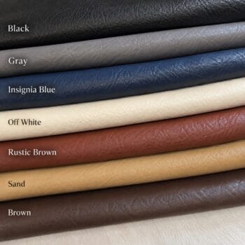 Stacked leather swatches in colors from Black to Brown, showing texture and labels for each color option.