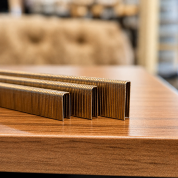 Several bent, corrugated metal strips stood upright in a row on a wooden worktable, resembling edge protectors or channels in a workshop setting.