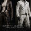 stretch lamb Promotional image showcasing stretch lamb leather garments, featuring a rustic brown fitted jacket and utility pants alongside a white leather jacket and cargo-style pants. The garments are displayed on headless mannequins in a cinematic studio setting, highlighting the leather's flexibility, structure, and premium finish.